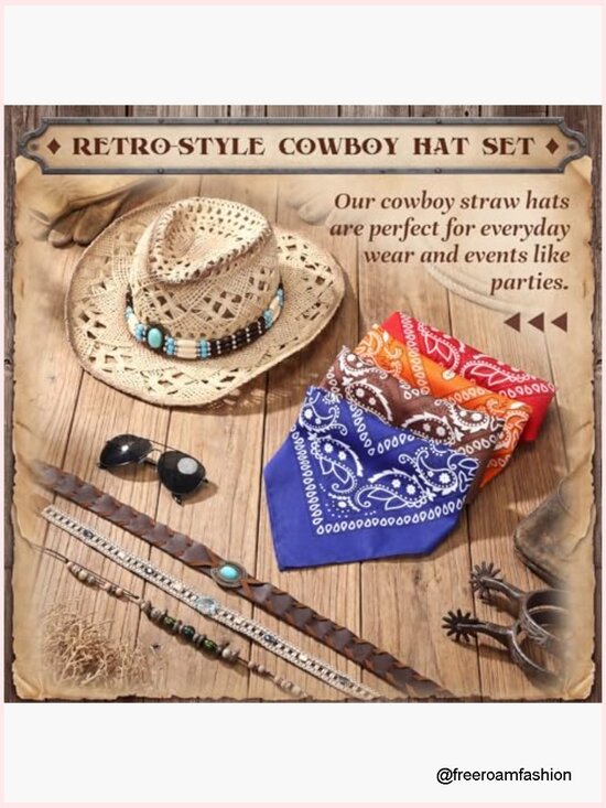 Straw Cowboy Hat Set with 4 Bands 4 Bandanas Sunglasses main image 6